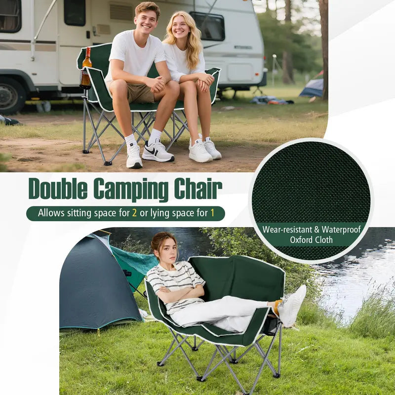 Dual-Seat Folding Outdoor Couch with Cup Holders and Back Pockets