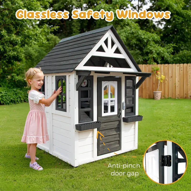 CocluB Wooden Kids’ Playhouse  Outdoor Pretend Play Structure for Ages 48 with Functional Doorbell, Toy Phone, Kitchen Set, and Bilingual Labeling