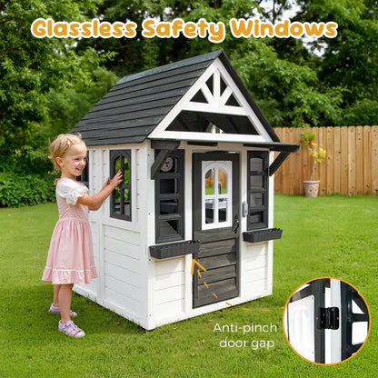 CocluB Wooden Kids’ Playhouse  Outdoor Pretend Play Structure for Ages 48 with Functional Doorbell, Toy Phone, Kitchen Set, and Bilingual Labeling