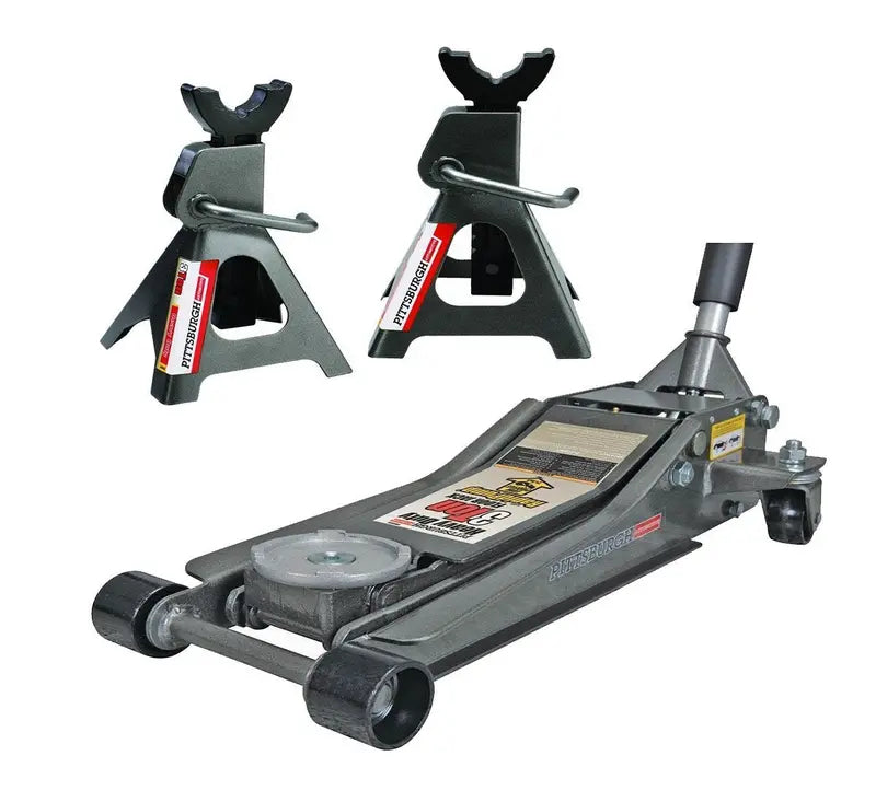 Pittsburg 3 Ton Low Profile Floor Jack & Stands Set with Rapid Pump Quick Lift