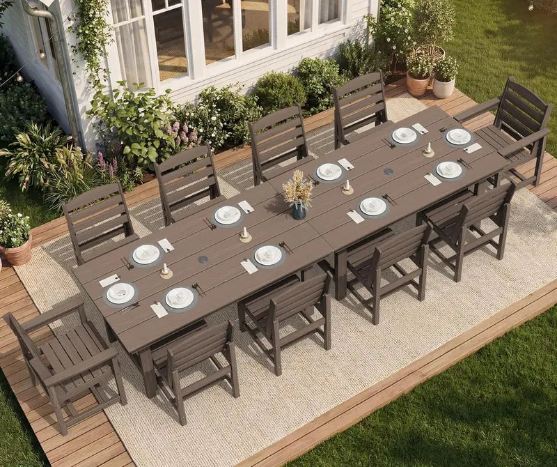 SERWALL 7-Piece Blue HDPE Outdoor Dining Set with Umbrella Hole and Stackable Chairs