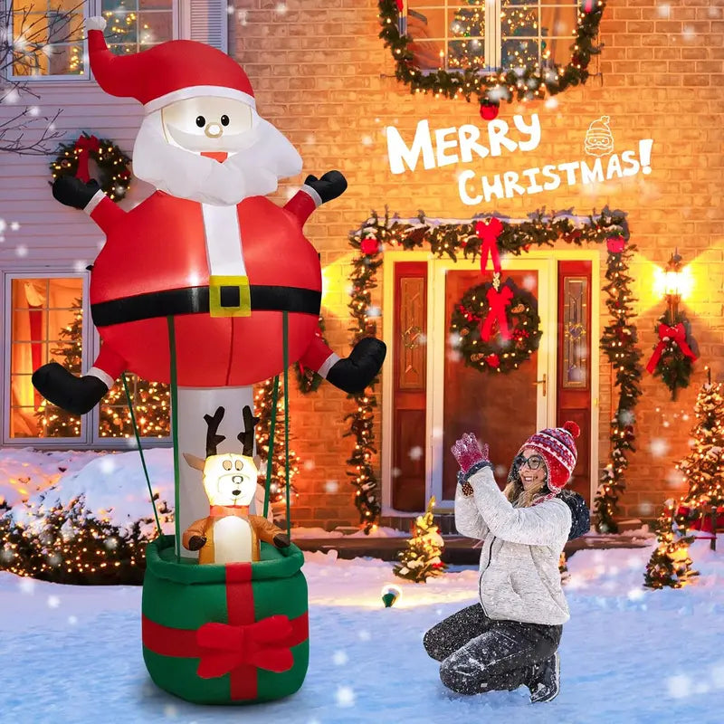 Tangkula 8FT Inflatable Christmas Santa Claus with Hot Air Balloon & Reindeer, LED Lights, Self-Inflating Outdoor Decor