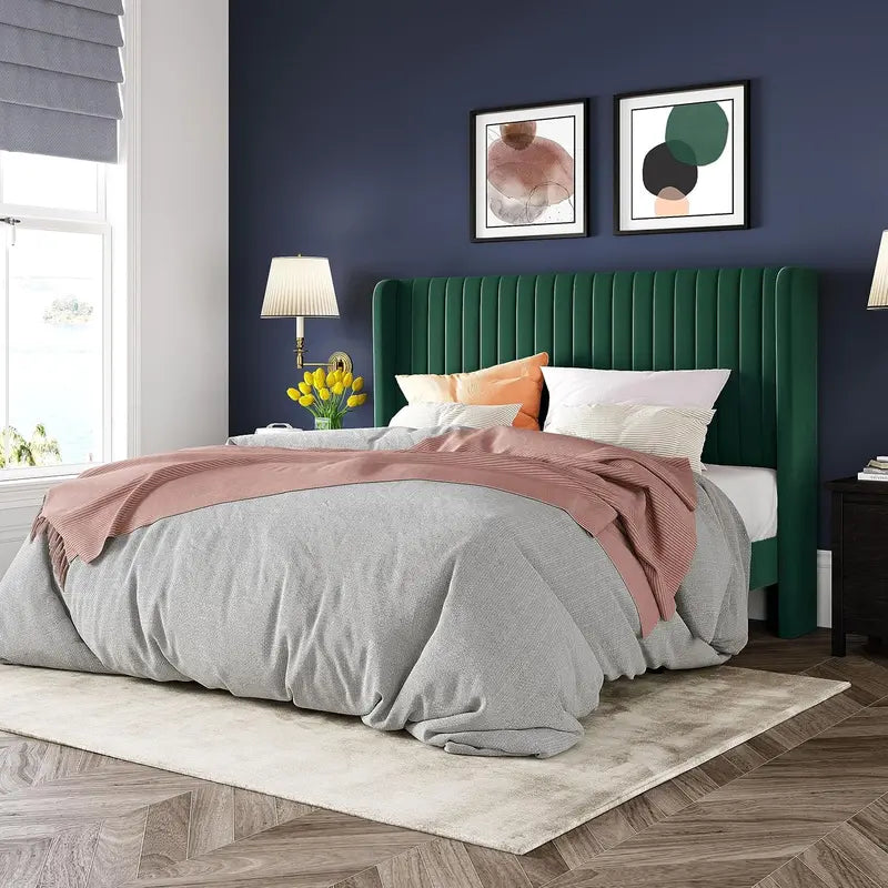 Allewie Full-Size Velvet Upholstered Bed — Vertical Channel-Tufted Wingback Headboard