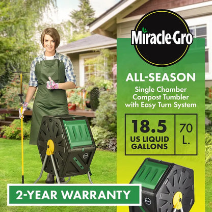 Miracle-Gro Single Chamber Outdoor Garden Compost Bin  18.5gal (70L) Capacity  Heavy Duty, Easy to Assemble Tumbling Composter  Gardening Gloves Included