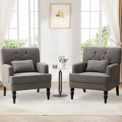 Set of 2 Button-Tufted Accent Chairs  Upholstered Armchairs with Lumbar Support Pillows in Beige, Grey, or Light Blue