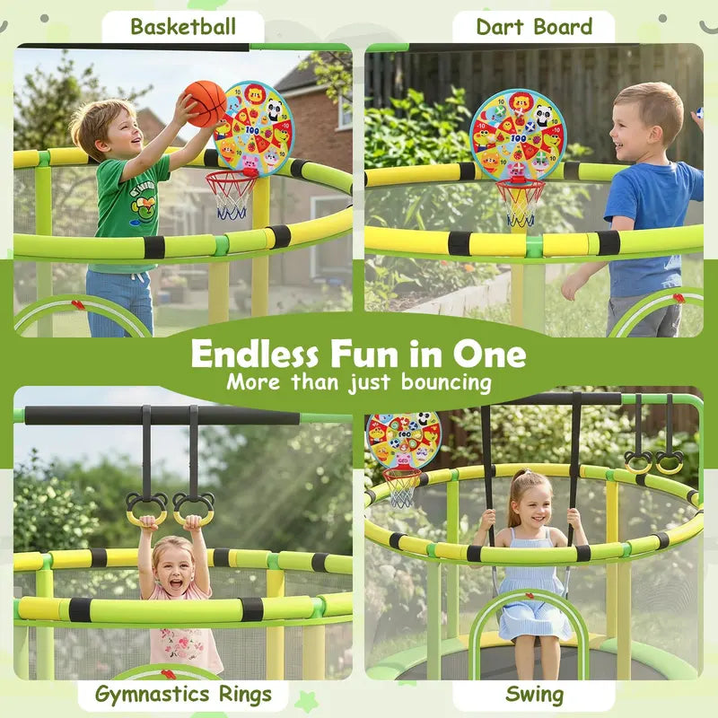 Kids’ Trampoline with Safety Enclosure  Includes Adjustable Gymnastics Bar, Swing & Basketball Hoop