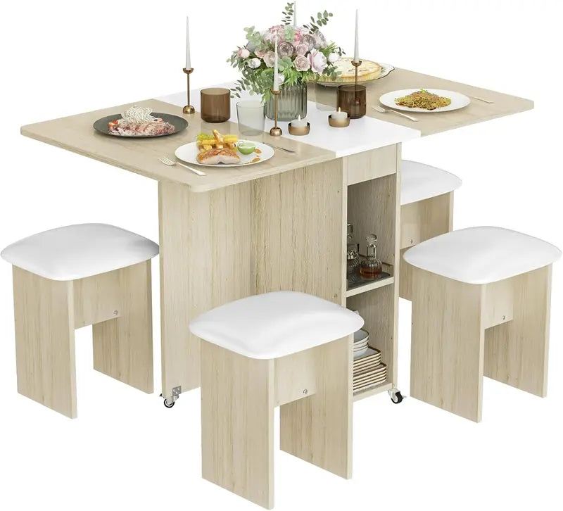 Lamerge Foldable 4-Person Dining Set  Compact Leather-Chair Dining Table with 6 Casters & Beige Upholstery