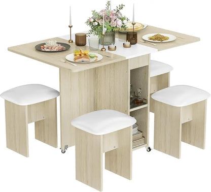 Lamerge Foldable 4-Person Dining Set  Compact Leather-Chair Dining Table with 6 Casters & Beige Upholstery