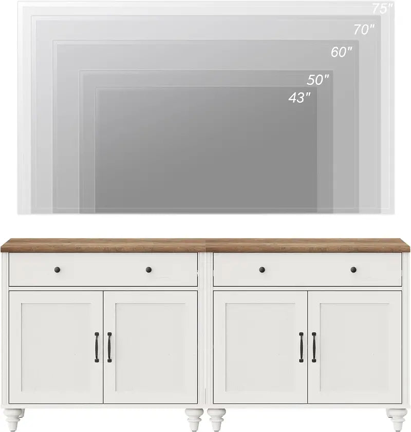 68-Inch Off-White Farmhouse Sideboard  Large Buffet Credenza with 4 Doors, 2 Drawers & Dining Room Style