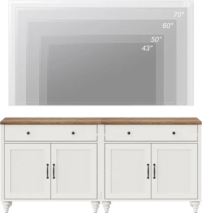 68-Inch Off-White Farmhouse Sideboard  Large Buffet Credenza with 4 Doors, 2 Drawers & Dining Room Style