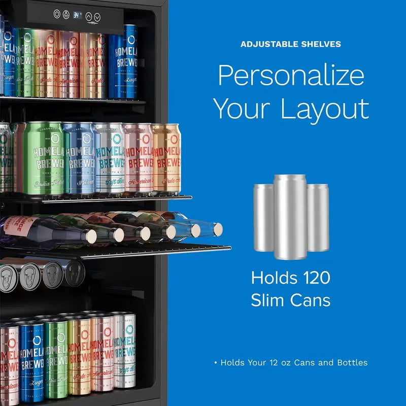 hOmeLabs 120-Can Beverage Refrigerator  Slim Glass-Door Mini Fridge with Removable Shelves & Adjustable Cooling for Offices or Bars