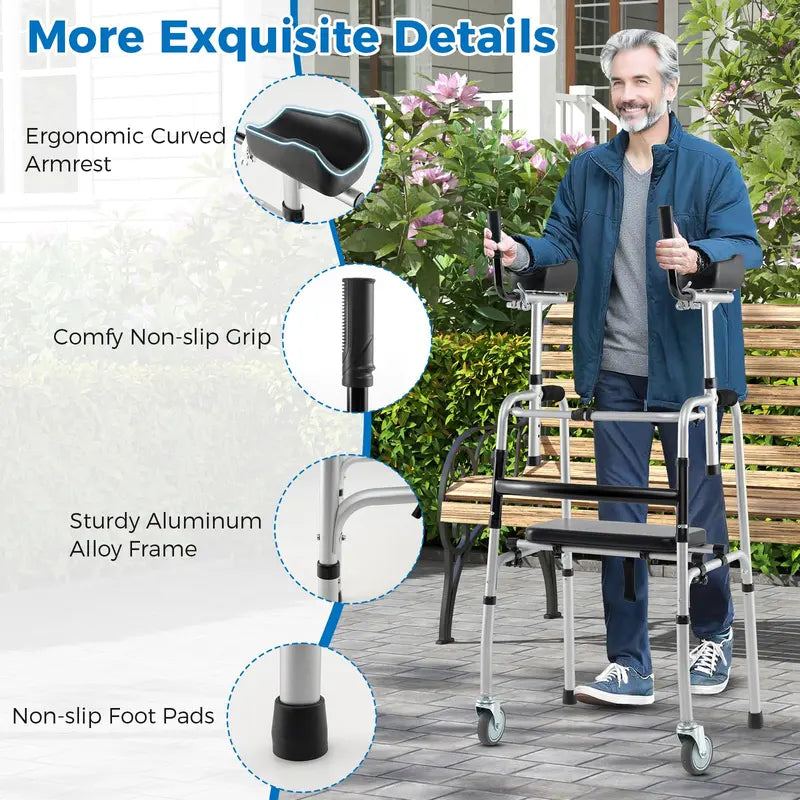 Heavy-Duty Folding Walker  450 lb Capacity, 5-Inch Wheels, Padded Seat & Removable Armrests