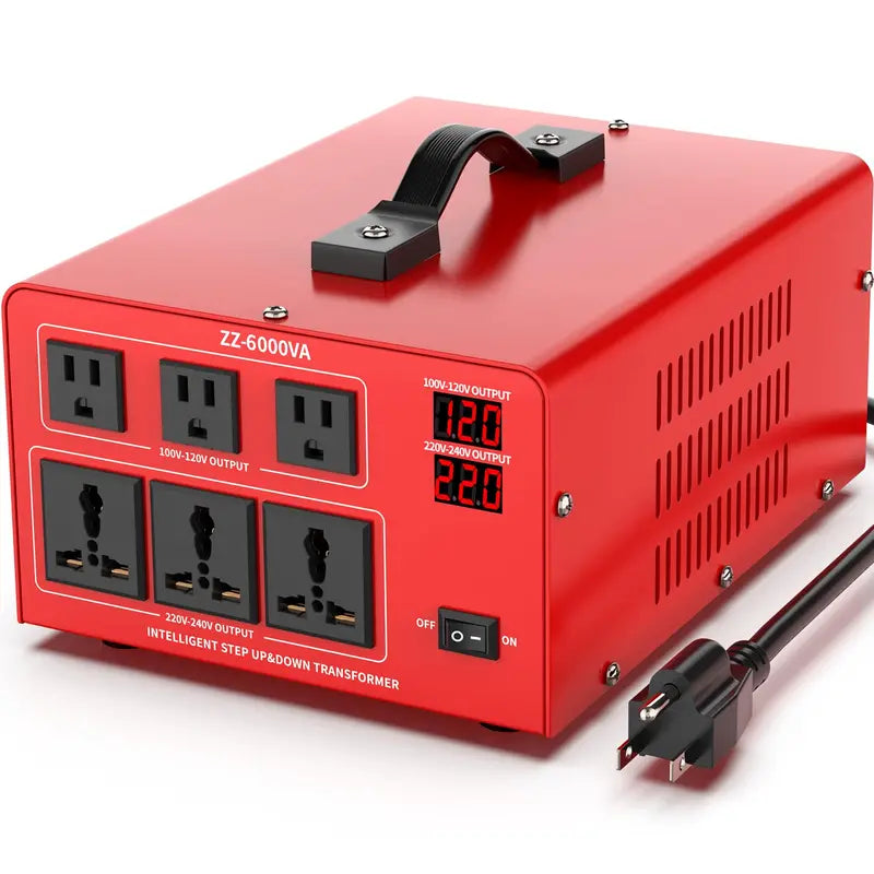 6000W Heavy-Duty Voltage Converter  Step-Up/Step-Down Transformer (110V↔220V), LCD Screen, Circuit Protection, 3 US + 3 Universal Outlets