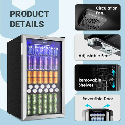 EUHOMY 130-Can Glass-Door Beverage Cooler  Silver Compact Fridge with Adjustable Shelving for Wine, Beer & Soda Storage
