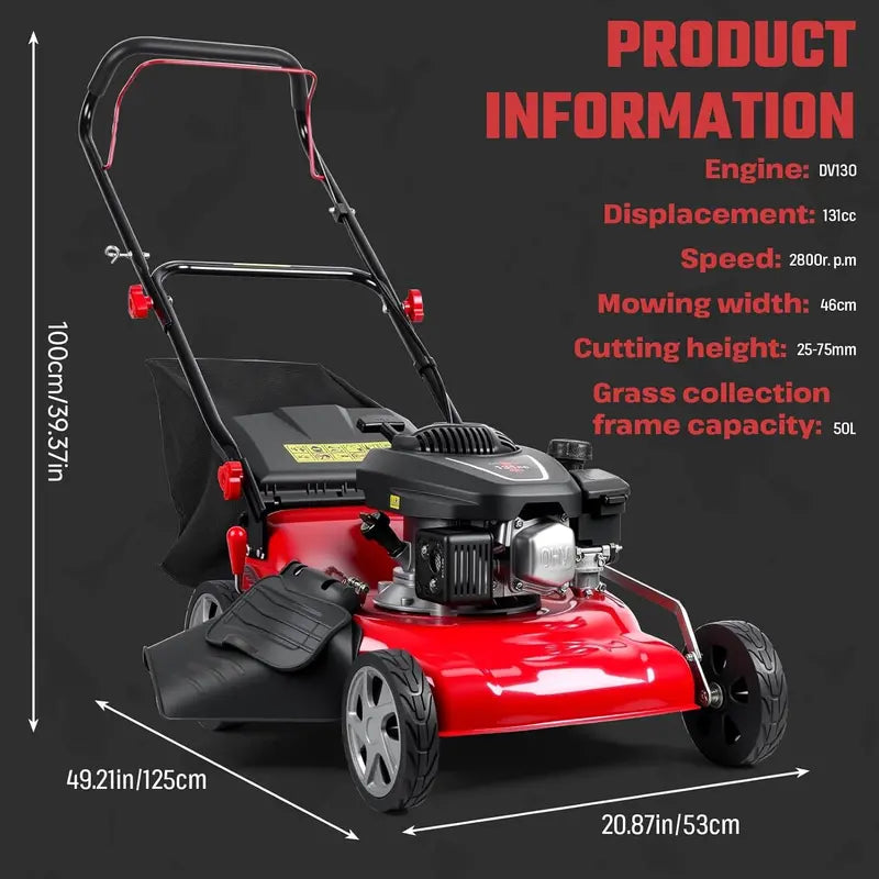 18-Inch 3-in-1 Self-Propelled Gas Lawn Mower  131cc Engine, 50L Grass Catcher, Heavy-Duty Yard Maintenance