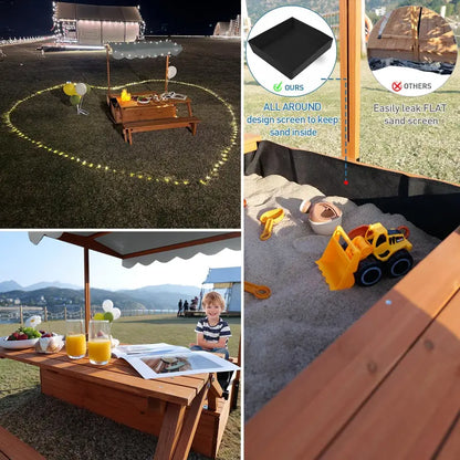 Wooden Outdoor Sandbox with Lid & Picnic Table  Foldable Sandpit with Protective Cover