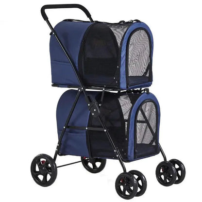 42-Inch Double Pet Stroller  Foldable, All-Terrain Dog & Cat Stroller with Suspension (Navy Blue)