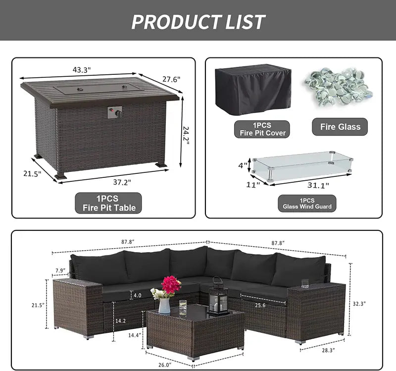 ALAULM Outdoor Patio Furniture Set with Propane Fire Pit Table, 7 Pieces Outdoor Furniture Patio Sectional Sofa Conversation Sets w/ETL Approved 43