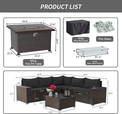 ALAULM Outdoor Patio Furniture Set with Propane Fire Pit Table, 7 Pieces Outdoor Furniture Patio Sectional Sofa Conversation Sets w/ETL Approved 43