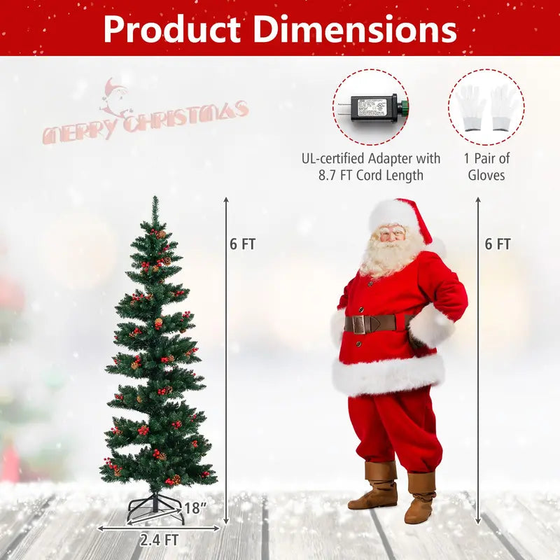 6-Foot or 7-Foot Spiral Pre-Lit Christmas Tree Featuring Pine Cones, Red Berries, and Realistic Tips