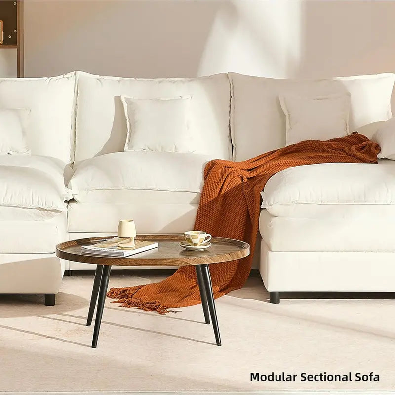 108-Inch U-Shaped Linen Sectional Sofa  3-Seat Modular Cloud Couch with Movable Ottoman, Beige