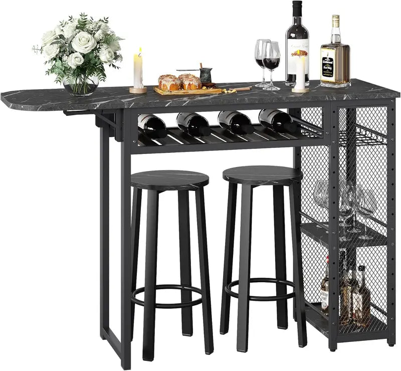Expandable Industrial Bar Table Set  Includes 2 Stools, Wine Rack, 3-Tier Adjustable Shelving & Counter Height Design, Rustic Brown Finish