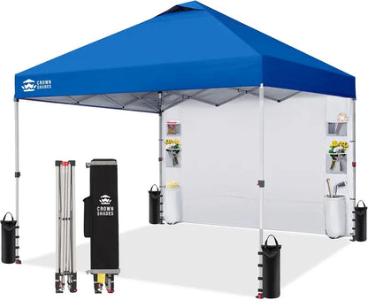 CROWN SHADES 10′ x 10′ Pop-Up Canopy: One-Touch Setup with Center-Lock Mechanism, Integrated Sidewall Pockets, and Portable Beach or Camping Shelter