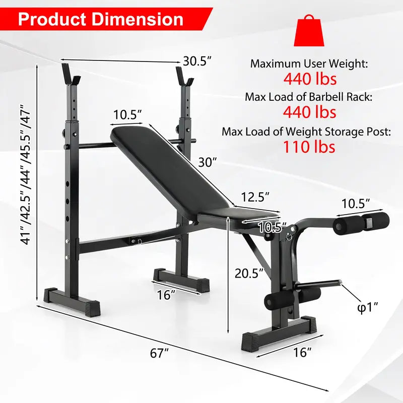 Foldable Olympic Weight Bench & Rack Combo  Adjustable Workout Station with Leg Developer Attachment