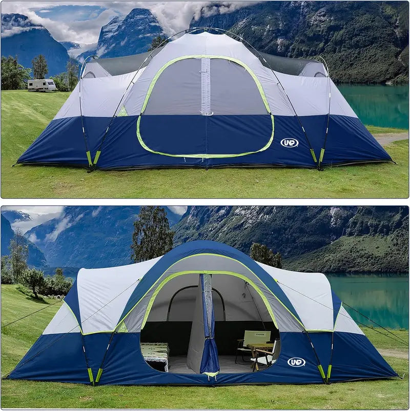10-Person Family Camping Tent  Easy-Setup, Double-Layer Weatherproof Shelter with 2 Rooms & 5 Mesh Windows (18′ x 9′ x 6.5′)