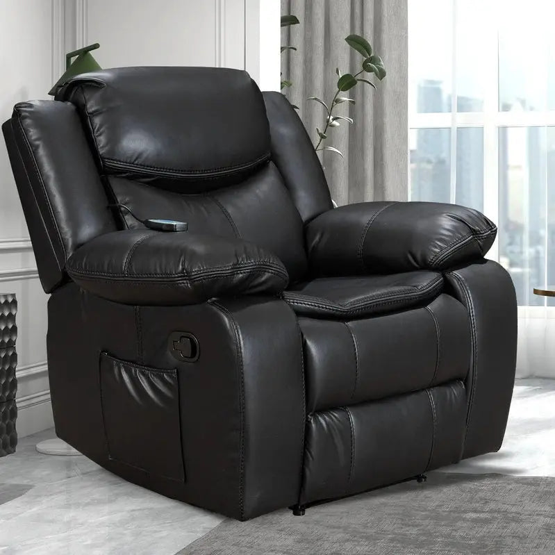 Wide-Seat Leather Recliner with Built-in Heat and Massage Functions