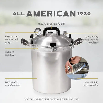 All-American 1930 21.5-Quart Pressure Cooker & Canner  Metal-to-Metal Seal, Stovetop Compatible (Gas/Electric/Induction), Made in USA