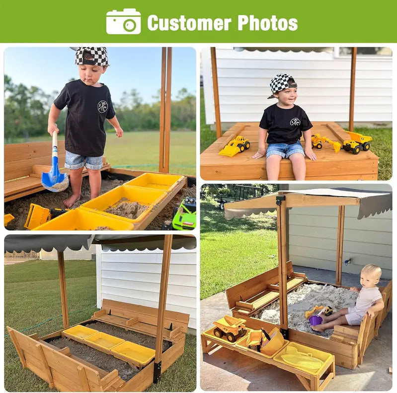 Wooden Outdoor Sandbox with Canopy  47″×47″ Sand Play Center Featuring Retractable Roof & Foldable Benches