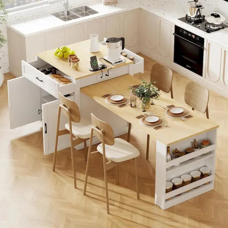 Wooden Extendable Kitchen Island for 46 People with Dual Storage Compartments