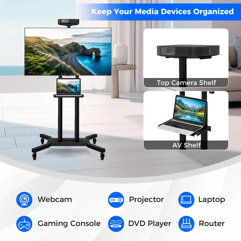 Rolling TV Cart  Lightweight Mobile Stand for 32″70″ Flat or Curved Screens (Up to 110 lbs), VESA 600×400 mm Support