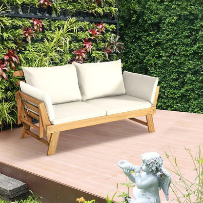 Acacia Wood Outdoor Daybed  Convertible Sofa Bed with Adjustable Armrests & Lounge Function