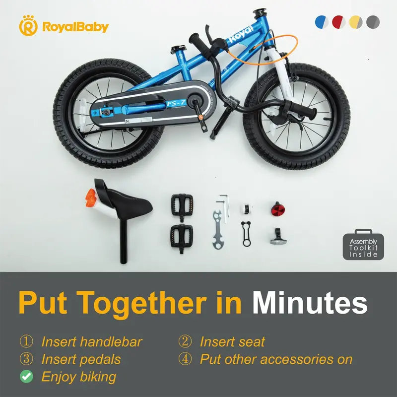 Royalbaby Freestyle 7 Kids Bike 14″ Gray  Dual Handbrakes, Kickstand, Water Bottle, Ages 3-5