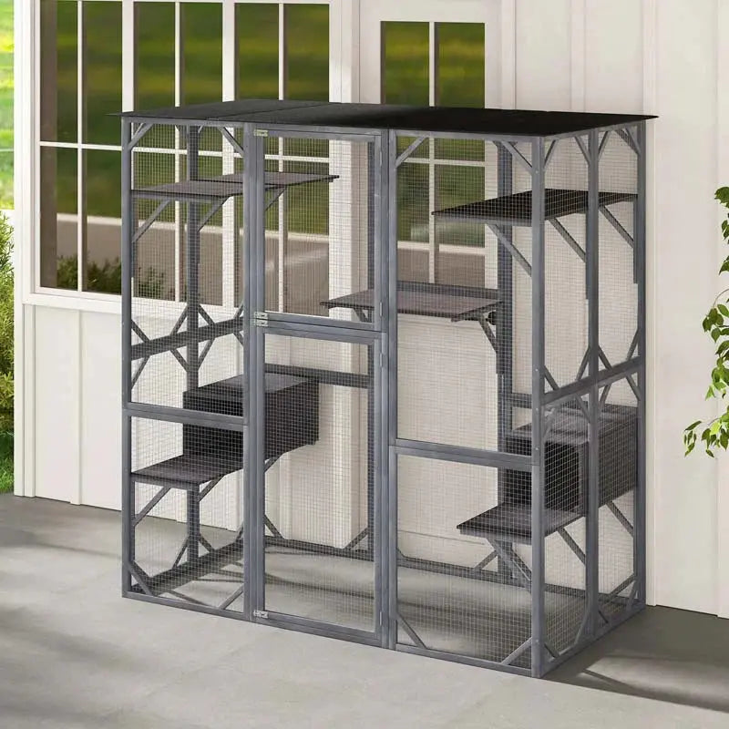 71-Inch Outdoor Catio for Cats  Walk-In Wooden Kitty Enclosure with 7 Tiered Platforms and Playpen Design