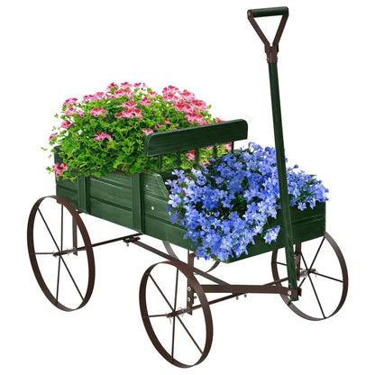 Wooden Wheeled Wagon Planter  Decorative Rolling Garden Planter for Patios and Landscapes