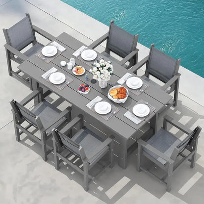 SERWALL 7-Piece Blue HDPE Outdoor Dining Set with Umbrella Hole and Stackable Chairs