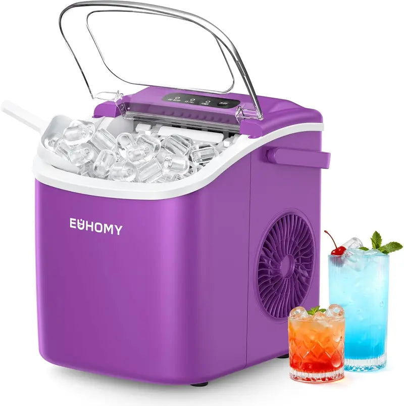 EUHOMY Black Countertop Ice Machine  26 lb/Day, 9 Cubes in 6 Minutes, Auto-Cleaning, Portable with Handle, Basket & Scoop