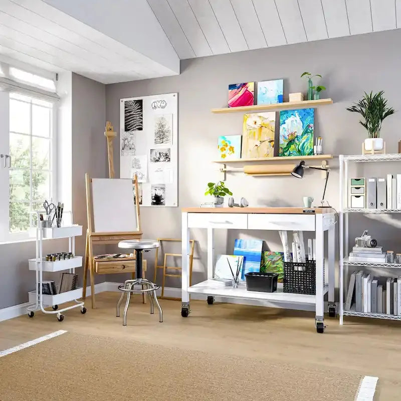 Seville Classics HOME Work Center Island Table  48¡å White Solid Wood Top