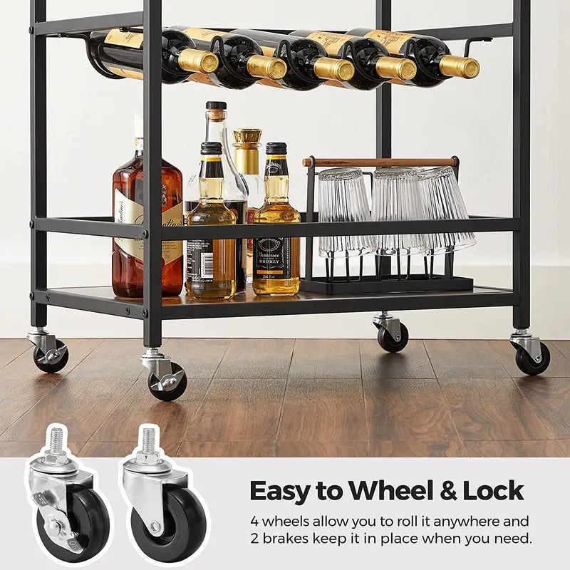Bar Cart, Serving Cart, Industrial, Rustic Brown and Black
