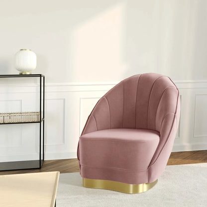 Fauteuil en velours rose vintage, base cerclage dor  effet laiton