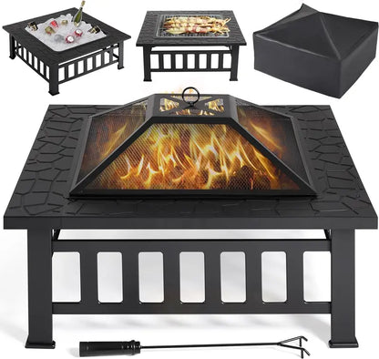 Yaheetech 32-Inch Square Fire Pit Table  Multifunctional Outdoor Heating Unit for Patios, Gardens, Camping & Picnics
