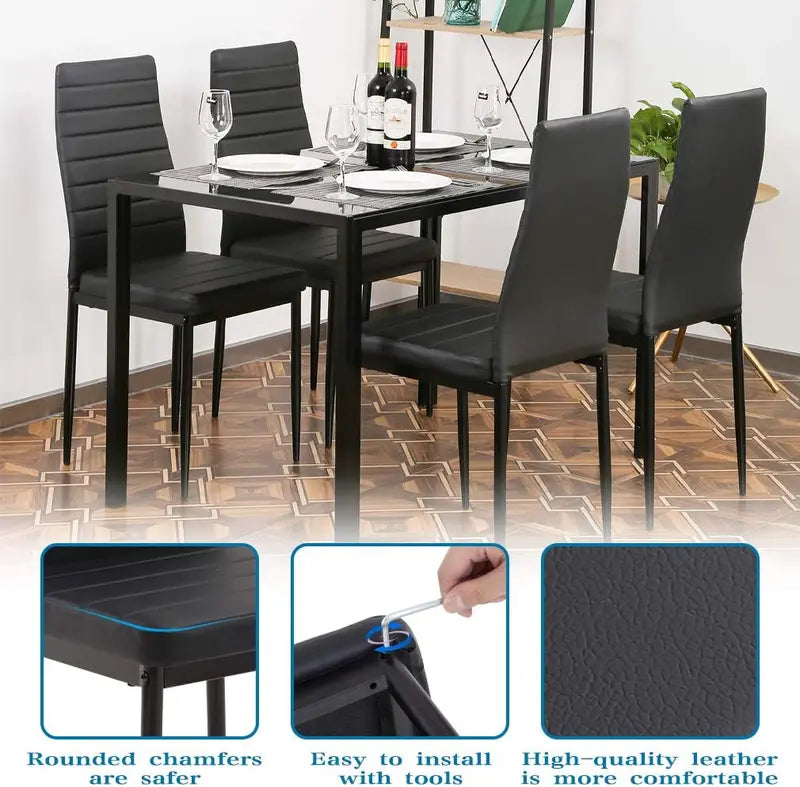 Compact Glass Dining Set for Small Spaces  Modern Black Rectangular Table & 4 Chairs for Kitchen or Dining