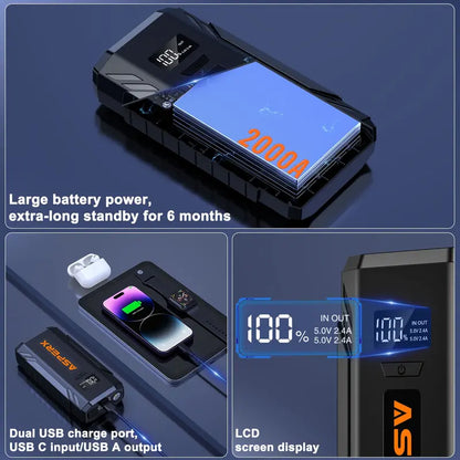 ASPERX AX2000 2000A Peak Car Jump Starter for 8.0L Gas/6.5L Diesel  12V Battery Booster with LED Light & Power Bank