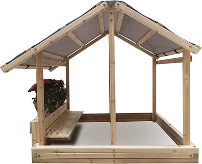 Funphix Dig n’ Play Wooden Sandbox Playhouse with Bench and Flower Planter, Outdoor Sand Pit for Kids