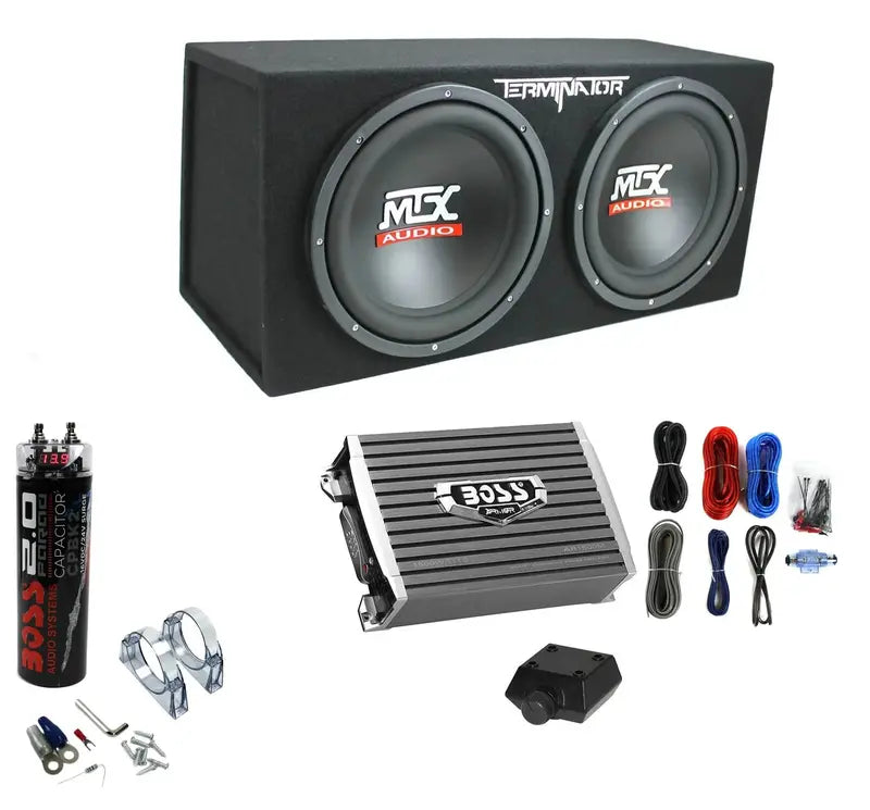MTX TNE212D 12″ Dual-Voice-Coil Subwoofer Enclosure Bundle  1200W Box, 1500W Amp, and Power Capacitor