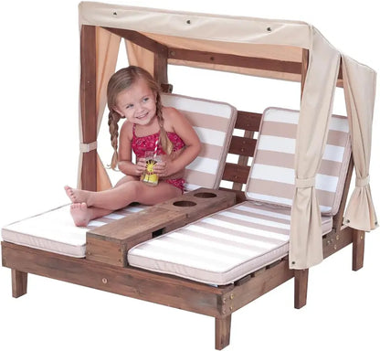 KidKraft Honey-Finished Outdoor Double Chaise Lounge  Navy & White Striped Fabric, Ages 38
