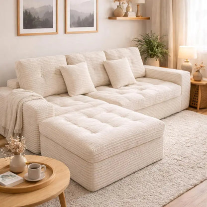 135″ Minimalist Corduroy Sectional  Compressed High-Density Foam Lounge Sofa with Anti-Slip Base